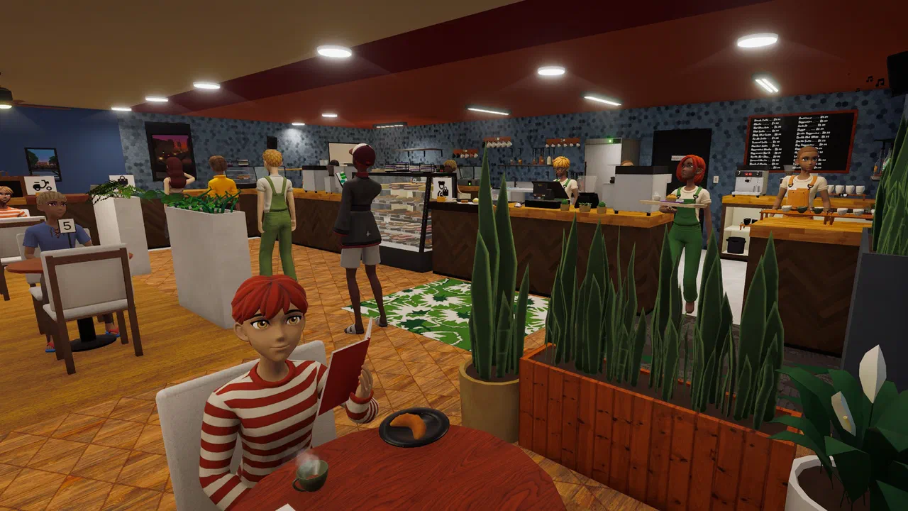 A busy cafe with customers seated at tables and queuing at the counter