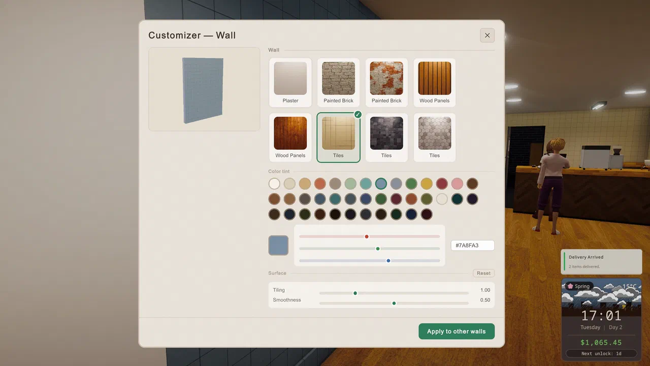 Picking a wall material and colour in the customiser