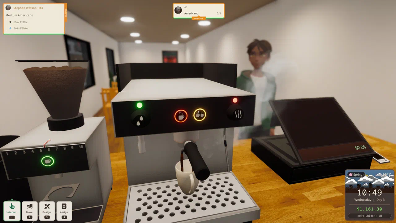 Brewing an americano on the espresso machine while a customer waits
