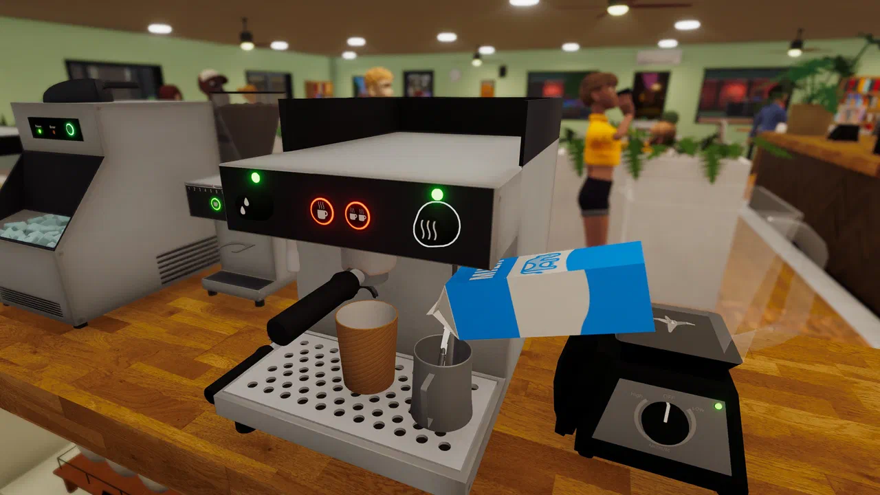 Adding milk to a takeaway cup at the espresso machine